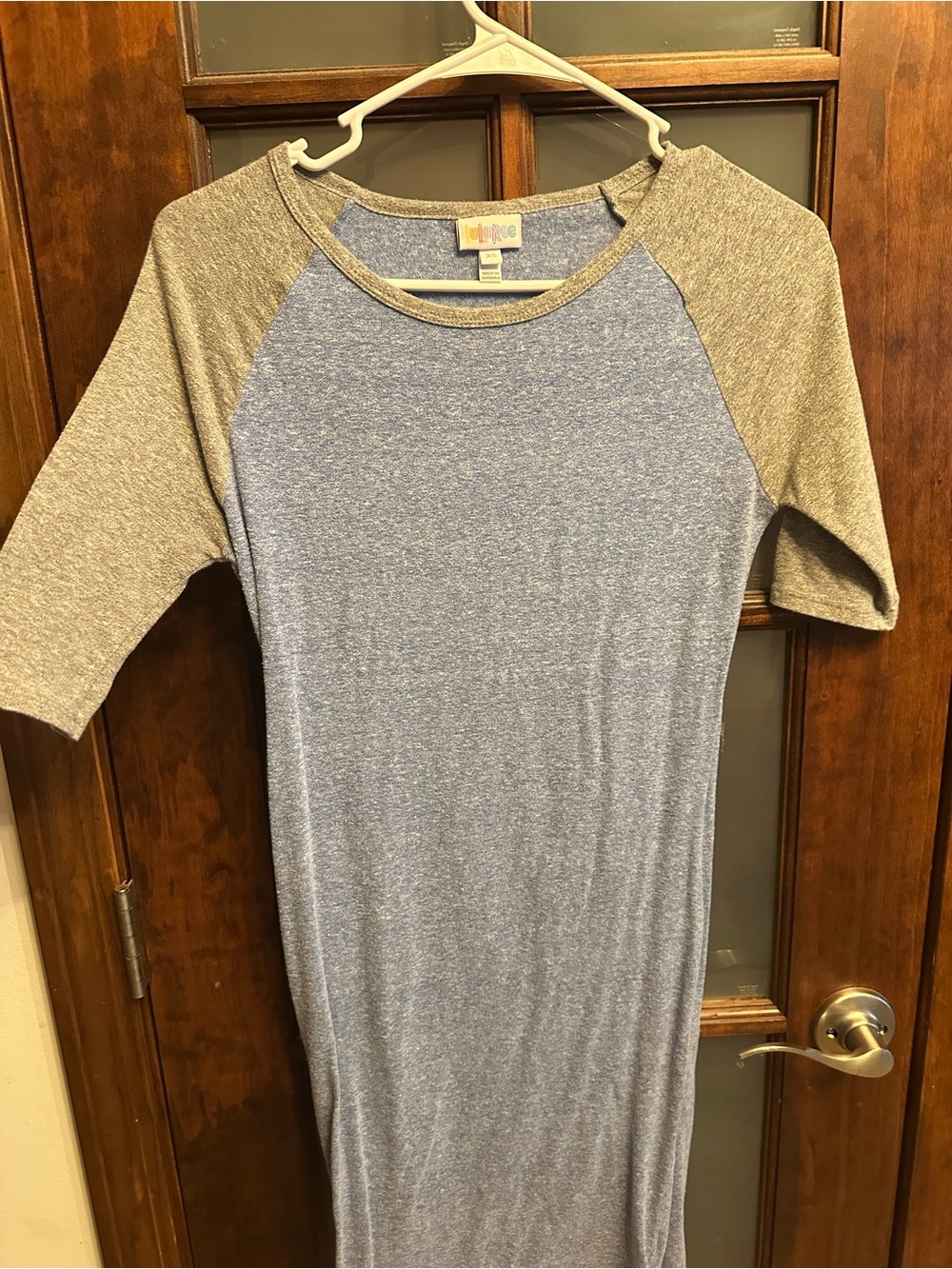 LuLaRoe Blue Body with Gray Raglan Sleeves Dress